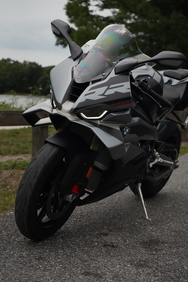 BMW sport motorcycle photographed from a close front angle